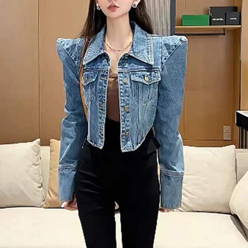 BPN Solid Casual Denim Coats For Women Lapel Long Sleeve Spliced Single Breasted Slimming Minimalist Coat Female Fashion Style