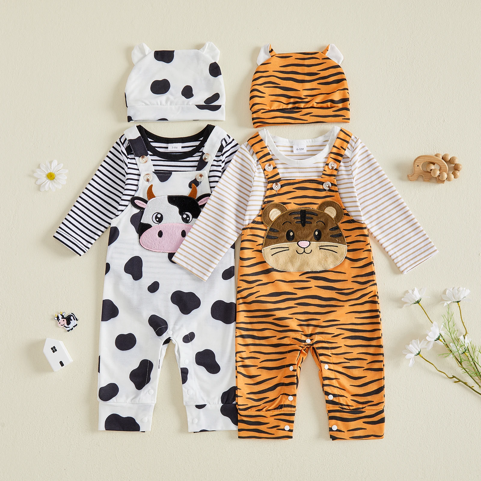 Baby Boy Fall Animal Outfits Stripe Print Long Sleeve Romper Overall Pants and Hat Cute Boys Costume Autumn Clothes Set