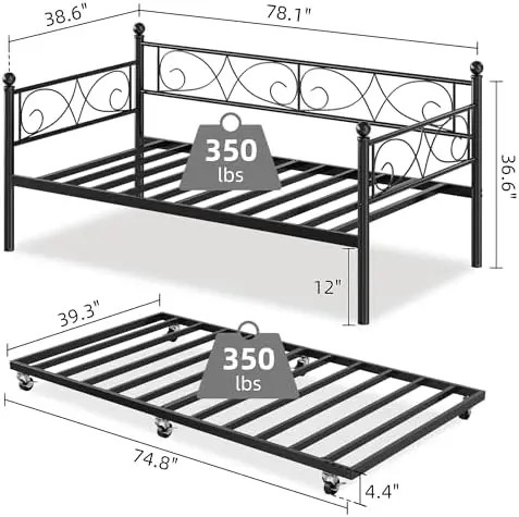 Twin Size Daybed Frame with Trundle Bed, Metal Daybed with Floral Headboard, Steel Slats Supports, Space-Saving