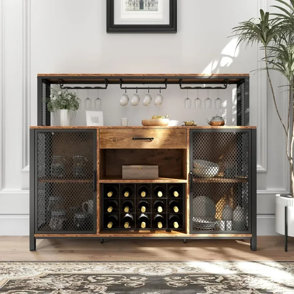 Weinbar schrank mit Schublade und LED-Leuchten, 55 Zoll Industrie Kaffee bar Schrank mit Wein regal und Glas becher halter