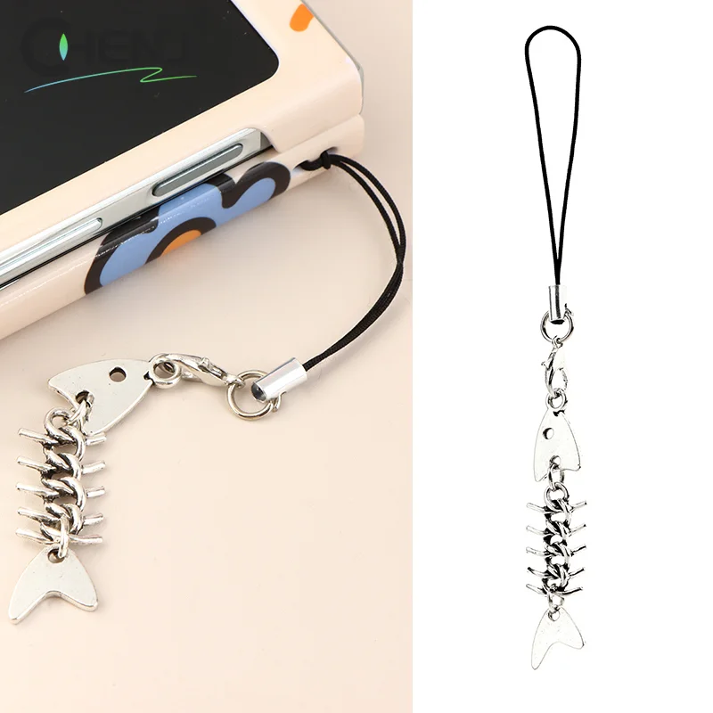 1pcs Y2K Creative Fishbone Mobile Phone Chain Metal Fish Bone Phone Lanyard Cell Phone Charm Keycord Accessories