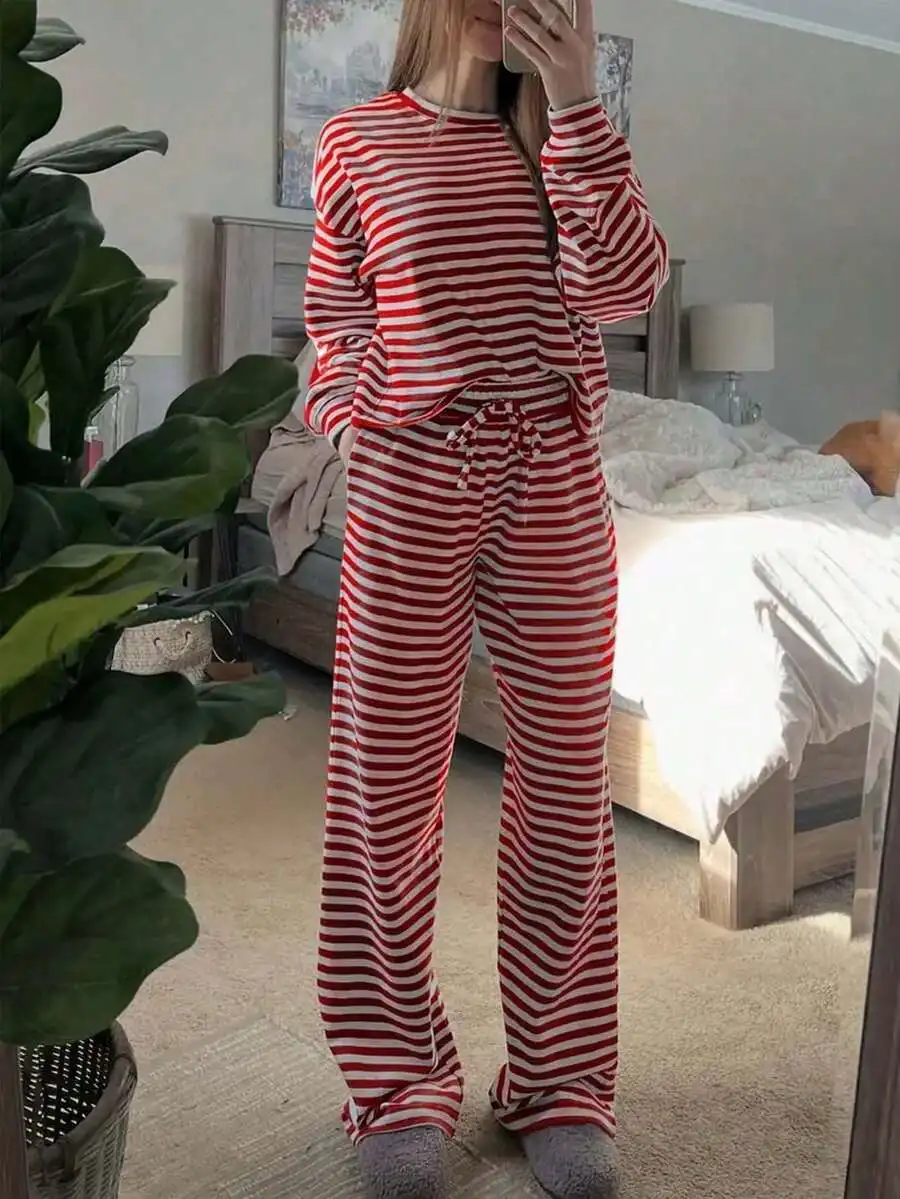 2-Piece Red And White Striped Pajama Set With Crew Neck Top And Wide Leg Pants