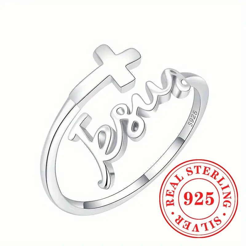 Huitan Jesus Words 925 Sterling Silver Opening Rings Female Religion Faith Simple Finger Accessories Encourage Cheer Up Jewelry