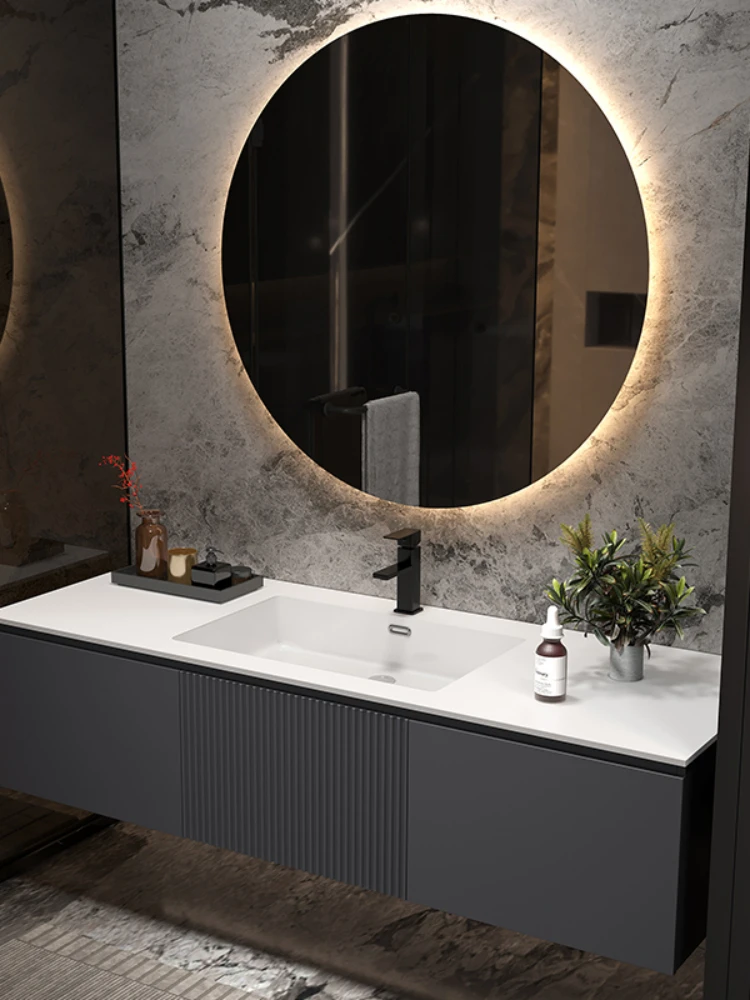 XC Stone Plate Seamless Integrated Ceramic Table Basin Bathroom Cabinet Combination Light Luxury Bathroom Modern Minimalist