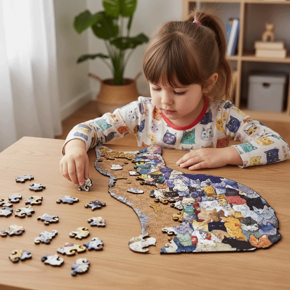 A Box Kitten Shapes Wooden Cat Puzzle Wooden Brain Teaser Animal Shape Puzzles Cartoon Cute Irregular Shapes Puzzle