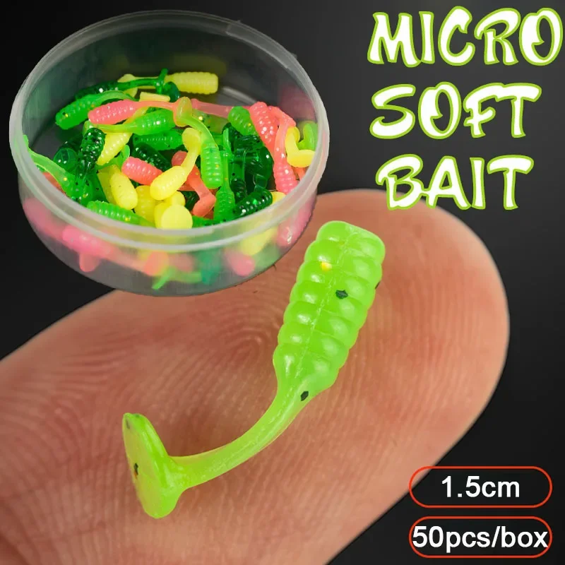 

50PC/box Micro Soft Bait 1.5cm T-Tail Laser Wobblers Carp Fishing Lure Mini Silicone Artificial Swimbait with Fish Attractant