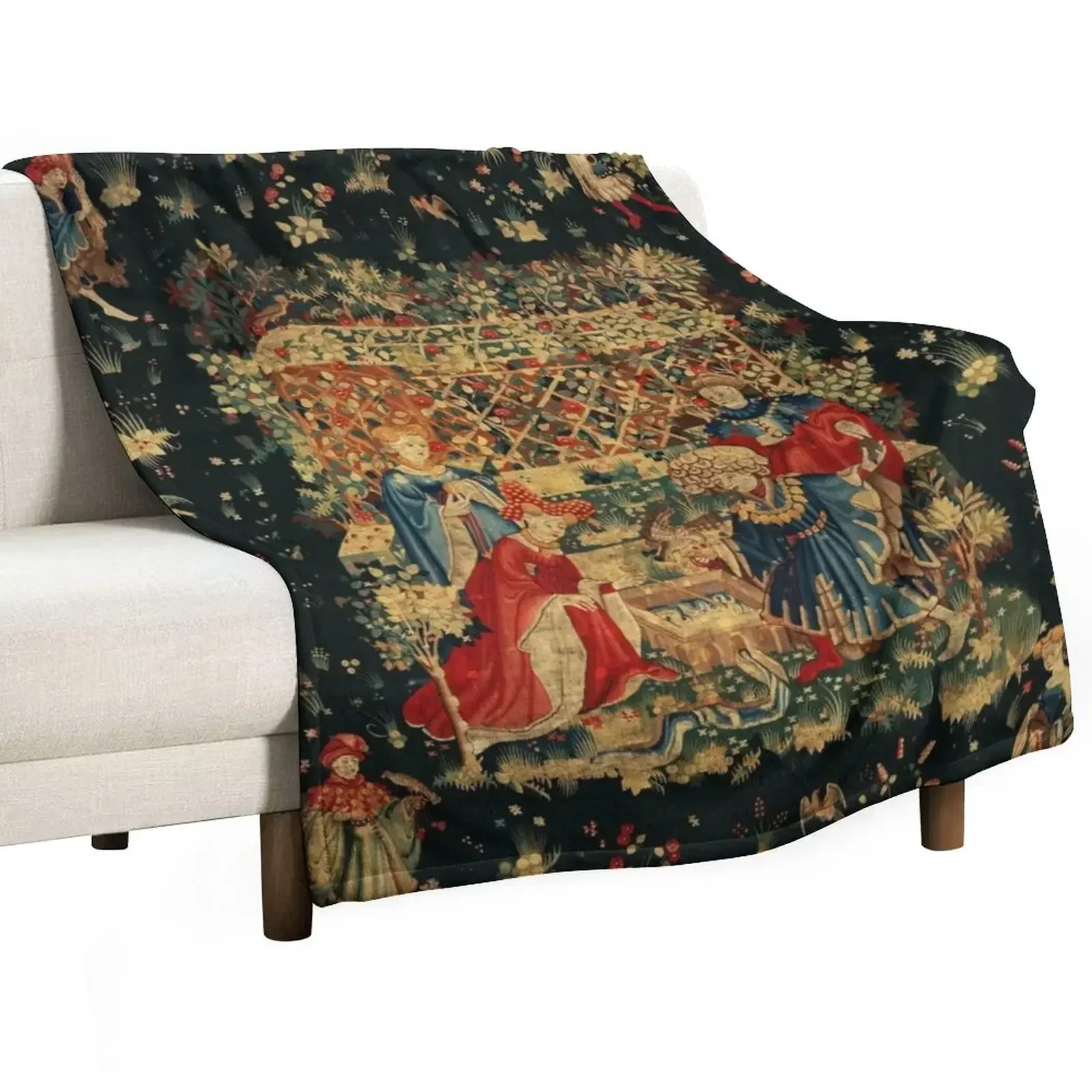 

FALCONS BATH Red Blue Antique Medieval Tapestry,Court Figures,Birds, Flowers ,Rose Trellis Throw Blanket Winter beds Blankets