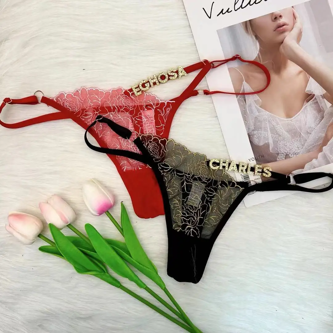 Sexy Custom Thong for Women Cutout Lace Panties G-string Personalized Thongs Rhinestone Letters Underwear Valentine's Day Gift