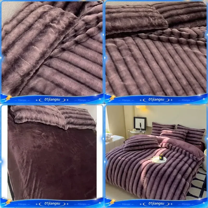 2024 New Rabbit Velvet Milk Velvet Thickened Warm Four Piece Set 1.5m 1.8m Bed Sheet Set Soft Flannel Winter Bedding Home