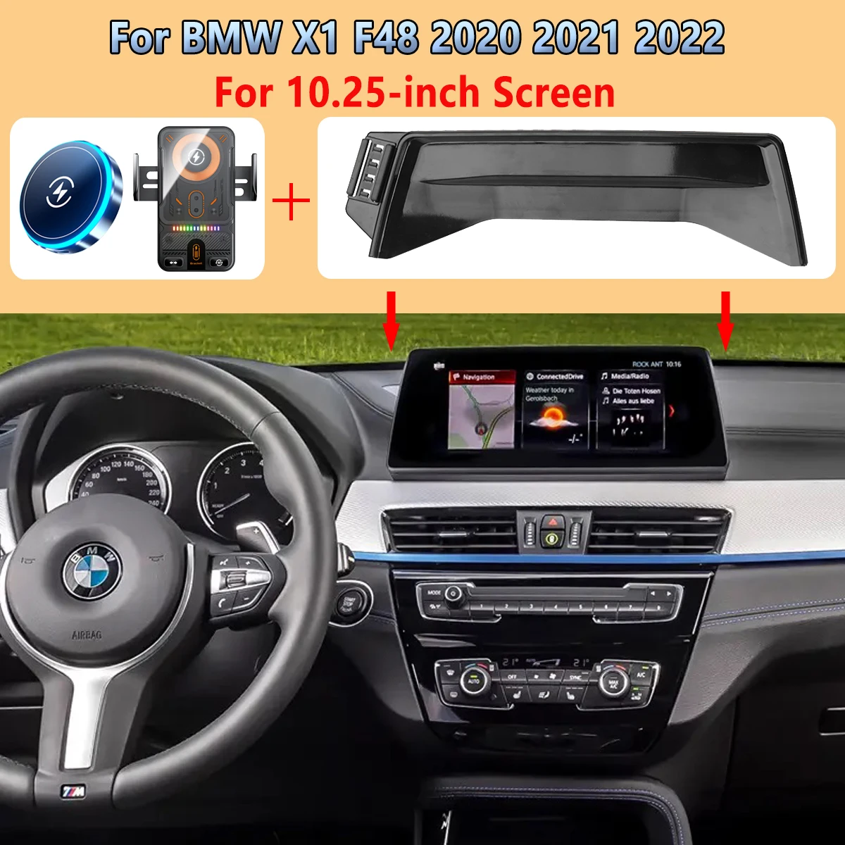 Car Phone Screen Holder For BMW X1 F48 2020 2021 2022 Magnetic 15W Wireless Charging Fixed 10.25