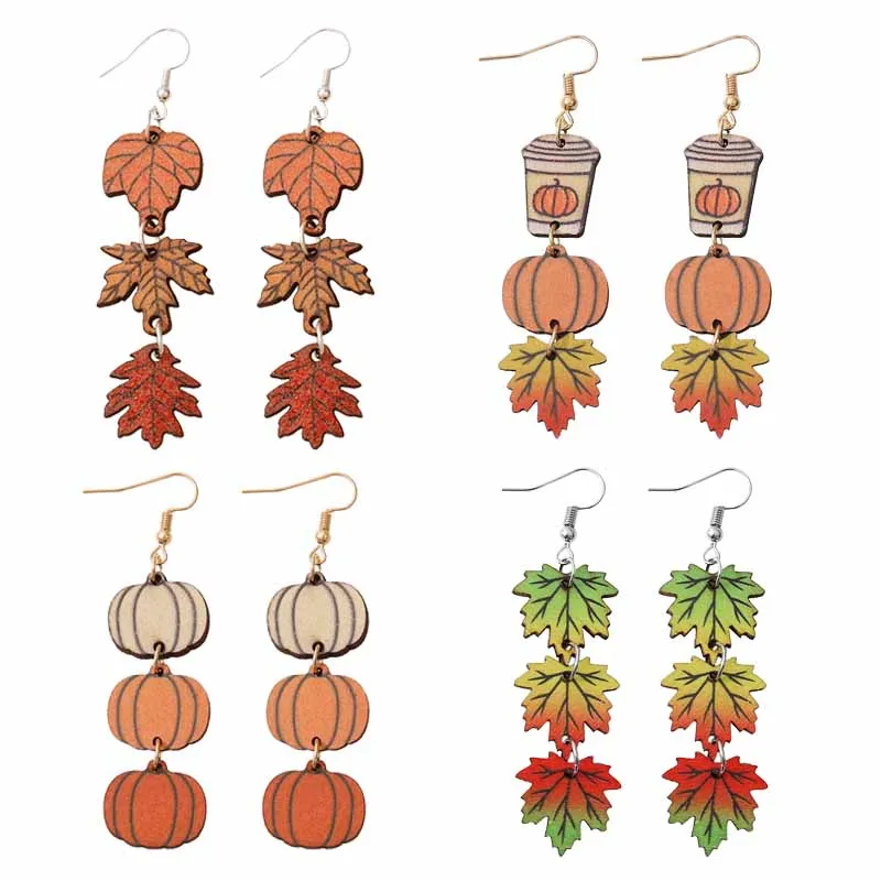 New Autumn Thanksgiving Wooden Long Earrings For Women Pumpkin Maple Leaf Coffee Cup Personalized Tassel Earrings