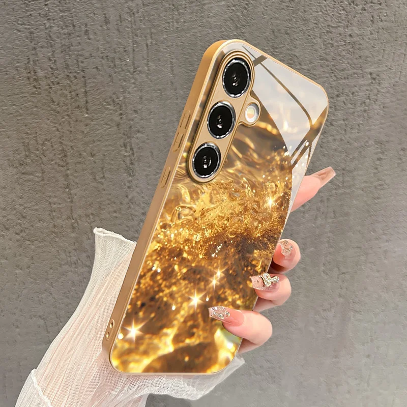 Golden Glitter Ocean Wave Texture Pattern Glass Phone Case for Galaxy S22/S23/S23 Ultra/S24/S24 FE/S24 Ultra/S25/S25