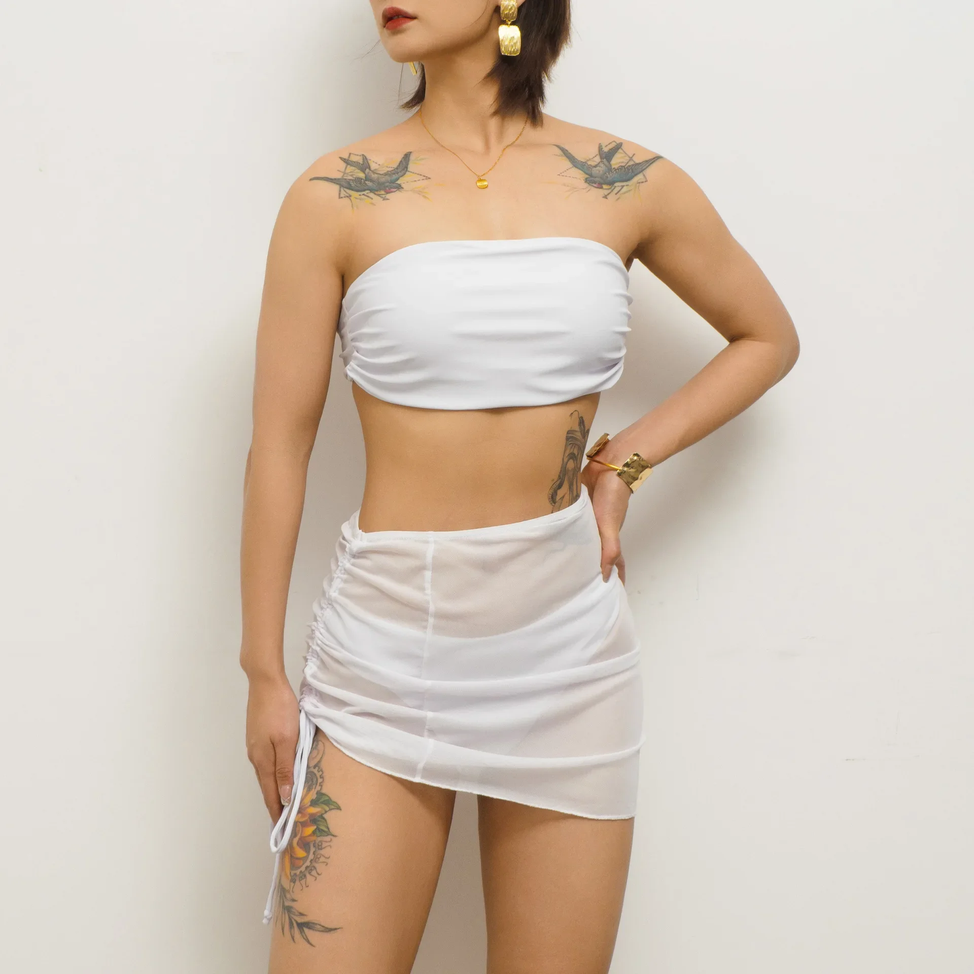 Sexy Solid Color 3 Piece Swimsuit for Women Strapless Backless High Waist Drawstring Mesh Skirt Bikini Set Beach Swimwear 2025