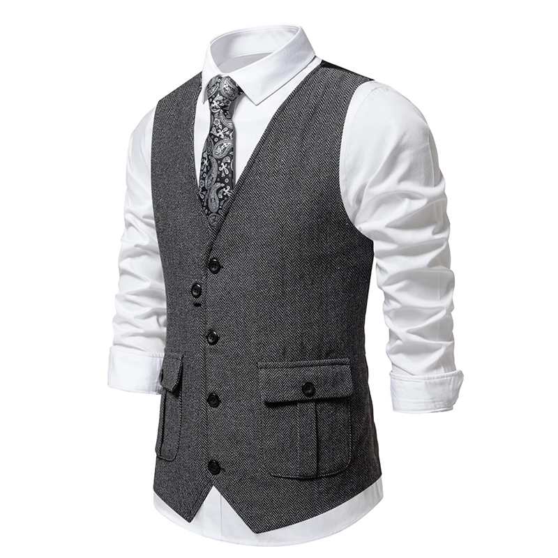British Style Retro Vest For Men Fashion Herringbone Coarse Tweed Pockets Suit Vest Male Waistcoat Vintage Gentleman Business