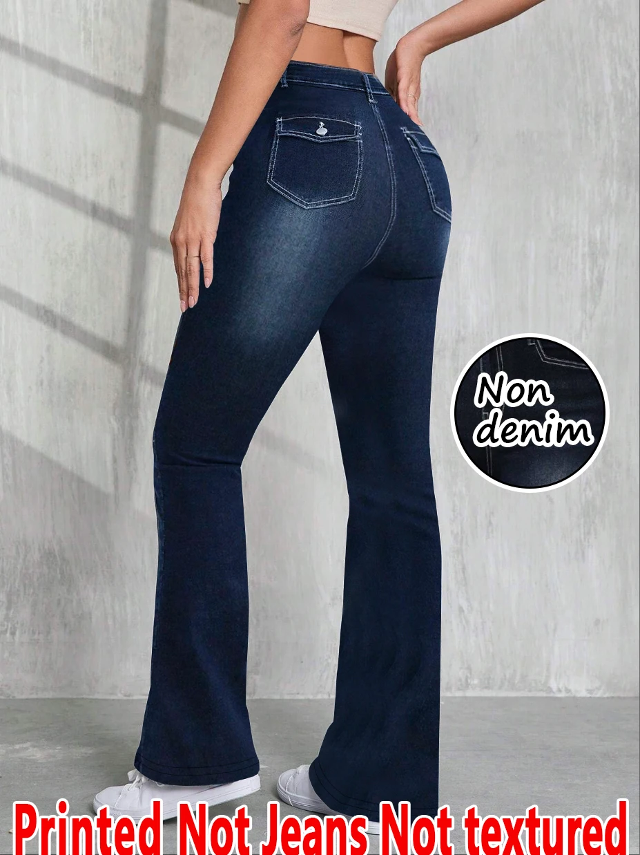 5765 Ladies Non-Leather Denim Fabric Bell Bottom Pants Printed Design Four Seasons Wearable Ladies Long Trousers