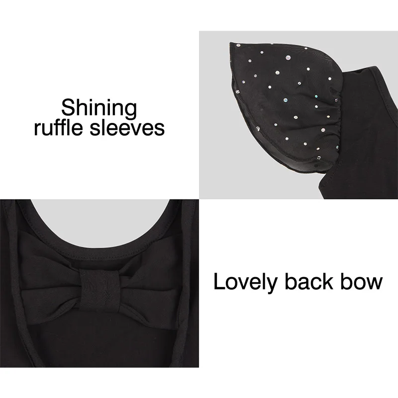 الفتيات فريق الأساسية الباليه ملابس رقص الجمباز لفتاة الجمباز قمم مع الأكمام كشكش مشرقة وجميلة القوس الخلفي ثياب الرقص