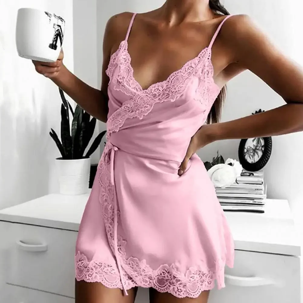 Women Sexi Pajamas Sleeveless Suspender Nightdress Non-irritant Solid Color Waist Tie Splicing Satin Nightwear For Sleepwear