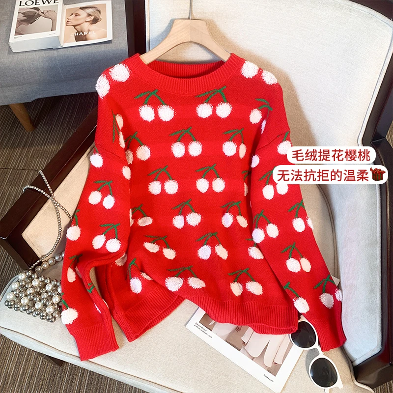 Women cherry Heart Knitting Sweaters Autumn Winter Casual O-neck Embroidery Pullovers 2023 Female Y2k Long Sleeved Tops Knitwear