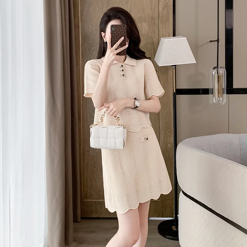 Dames kaki kleur uitgehold gebreid 2-delig set Polohals T-shirt met korte mouwen + hoge taille omwikkelde heuprok casual set