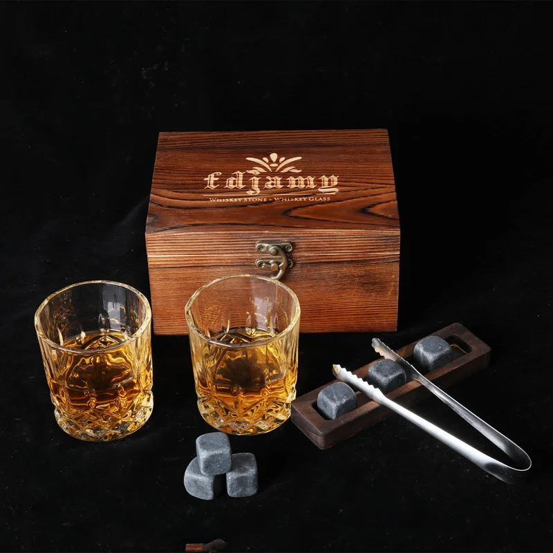 Whisky Glass And Stones Set Creative Wine Gift For Men Granite Ice Cube Whiskey Stones And Glass In Wooden Box Dropshipping