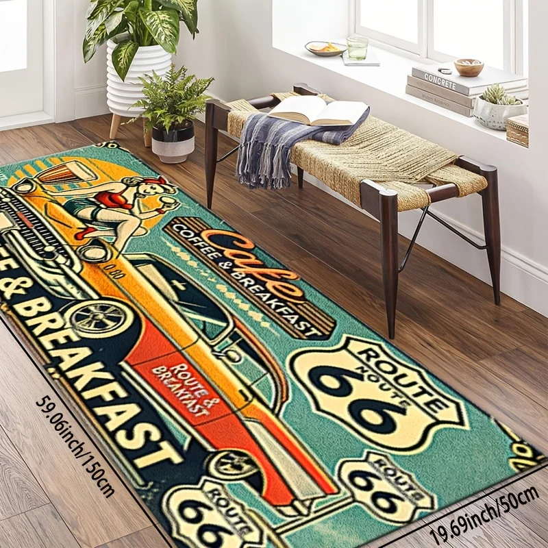 Worn Vintage Route 66 Classic Auto Pin-Up Girl Coffee Runner Rug, Non-Slip Mat for Kitchen Hallway Bathroom Daily Retro Diner
