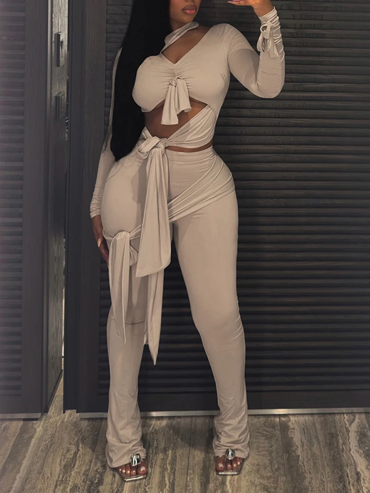 

Kliou Бандажный дизайн с кисточками, комплект из 2 предметов, женский укороченный топ с нерегулярным вырезом и длинными рукавами + узкие длинные брюки, сексуальный модный костюм для девочек