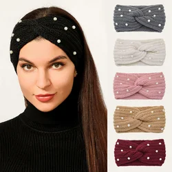 1pcs Wide Knitting Woolen Headband Winter Warm Ear Women Thicken Turban Hair Accessories Pearls Hair Band Headwraps Ear Warmer