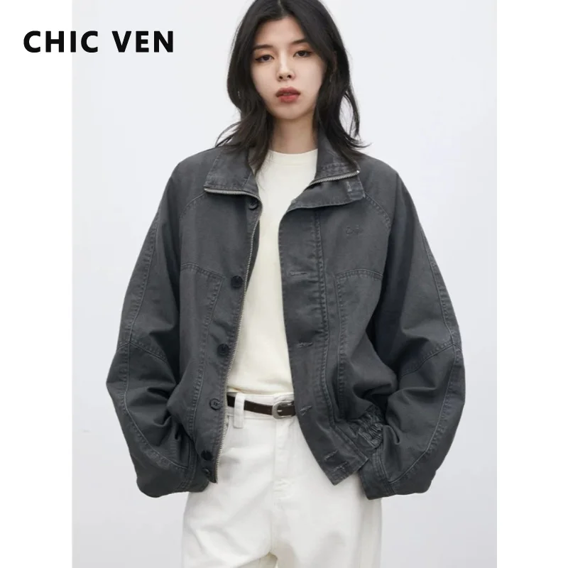 CHIC VEN Damen Kurzmantel Übergroß Locker Lässig Neu Retro Revers Baumwolle Winddichte Jacke Damen-Oberteil Frühling Herbst 2026