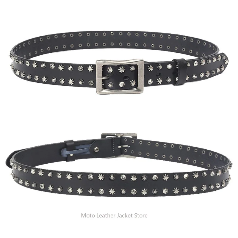 New Unisex 3.5cm Cowhide Rivet Belt, Korean Style Genuine Leather Handmade Personalized Motorcycle Belt