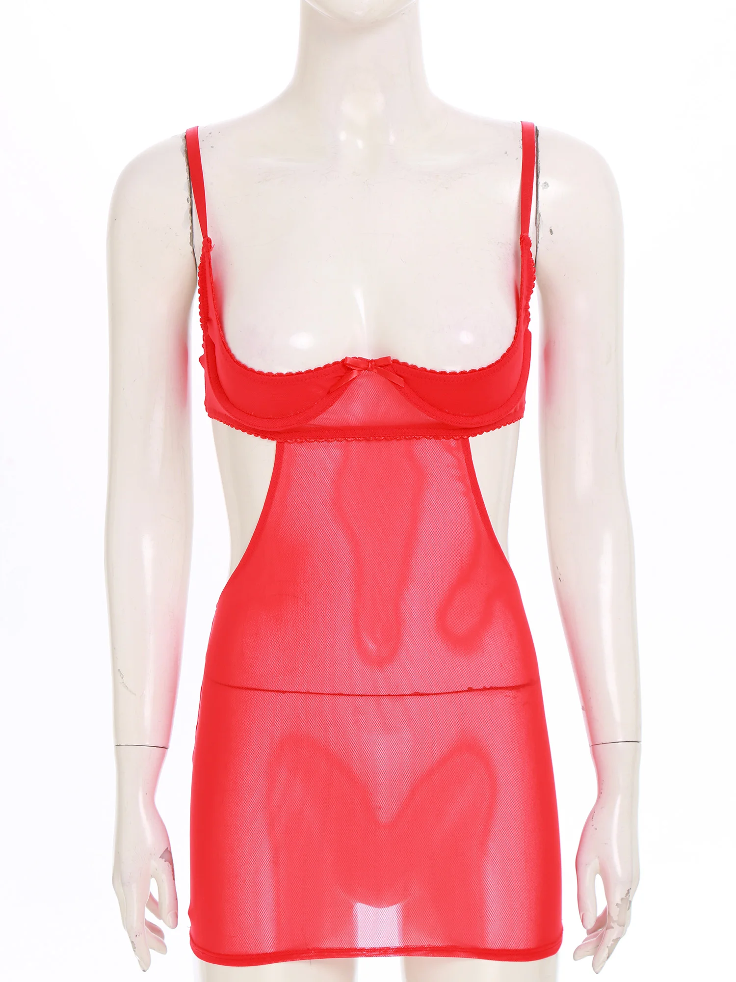 Womens Sheer Mesh Lingerie Jurk Zien Door 1/4 Cup Beugelbeha Bodycon Mini Jurk Strik Spaghettibandjes Babydoll Jurk