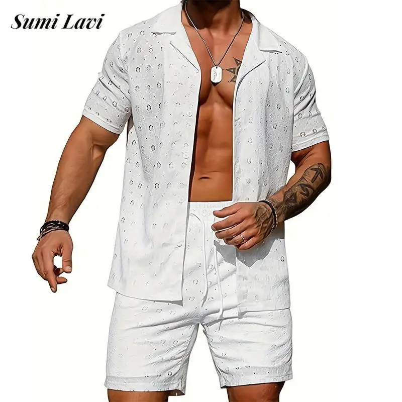 

Daily Casual Mens Knitting Two Piece Sets 2025 Summer Fashion Short Sleeve Shirt And Shorts Men Outfits Vintage Hollow Out Suits