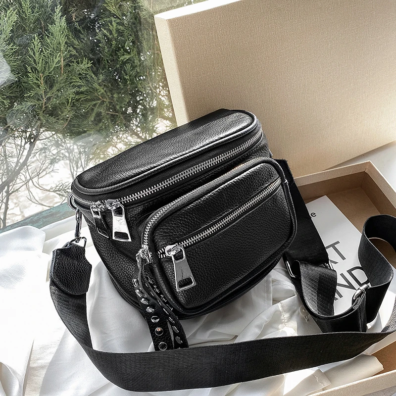 Luxury Multi-pocket 100% cowhide Crossbody Bags For Women Black Shoulder Messenger Handbags Small Chest Bag Travel Saddle bag