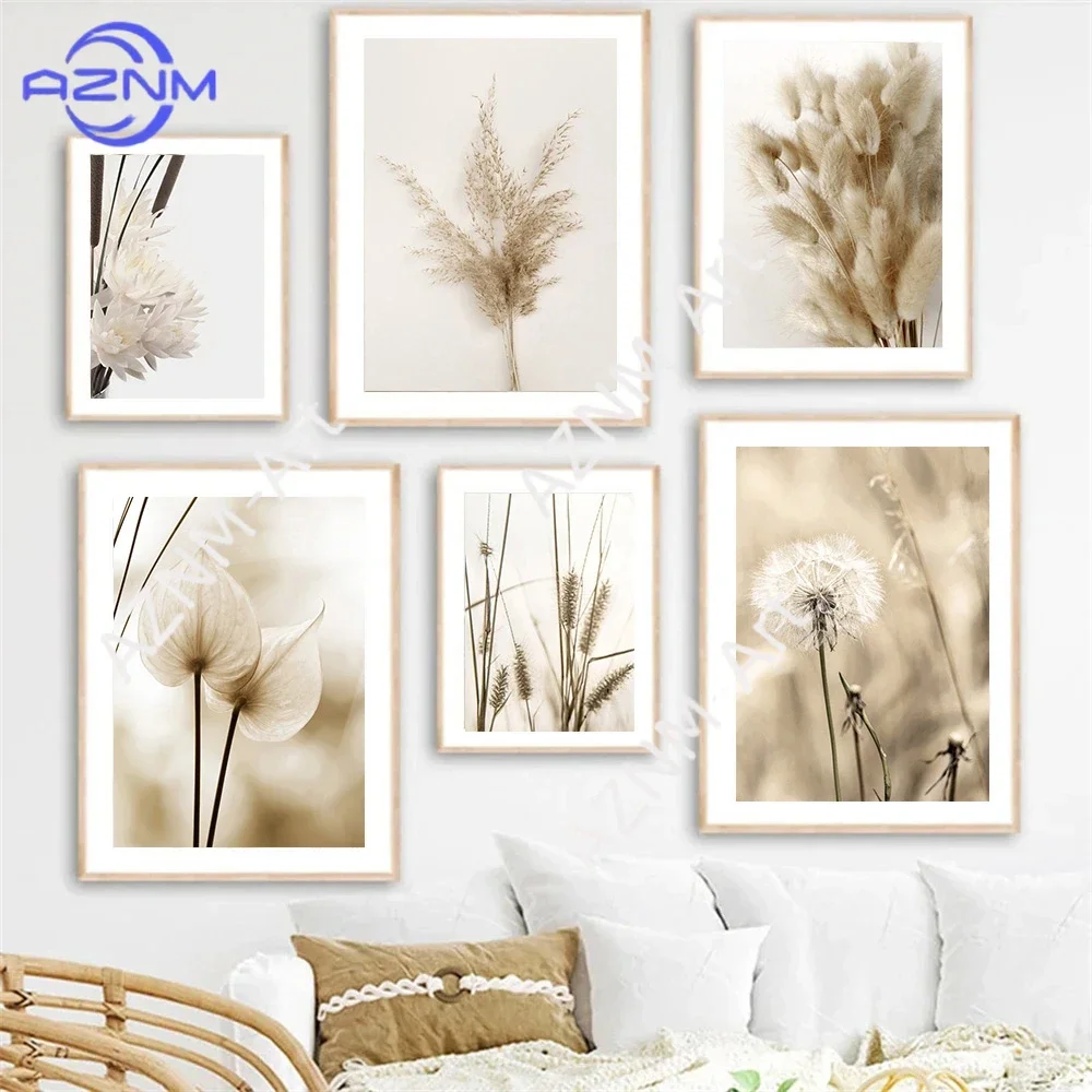 Beige Scenery Reed Flower Grass Prints Canvas Painting Wall Art Minimalist Poster Nordic Print Pictures Modern Living Room Decor
