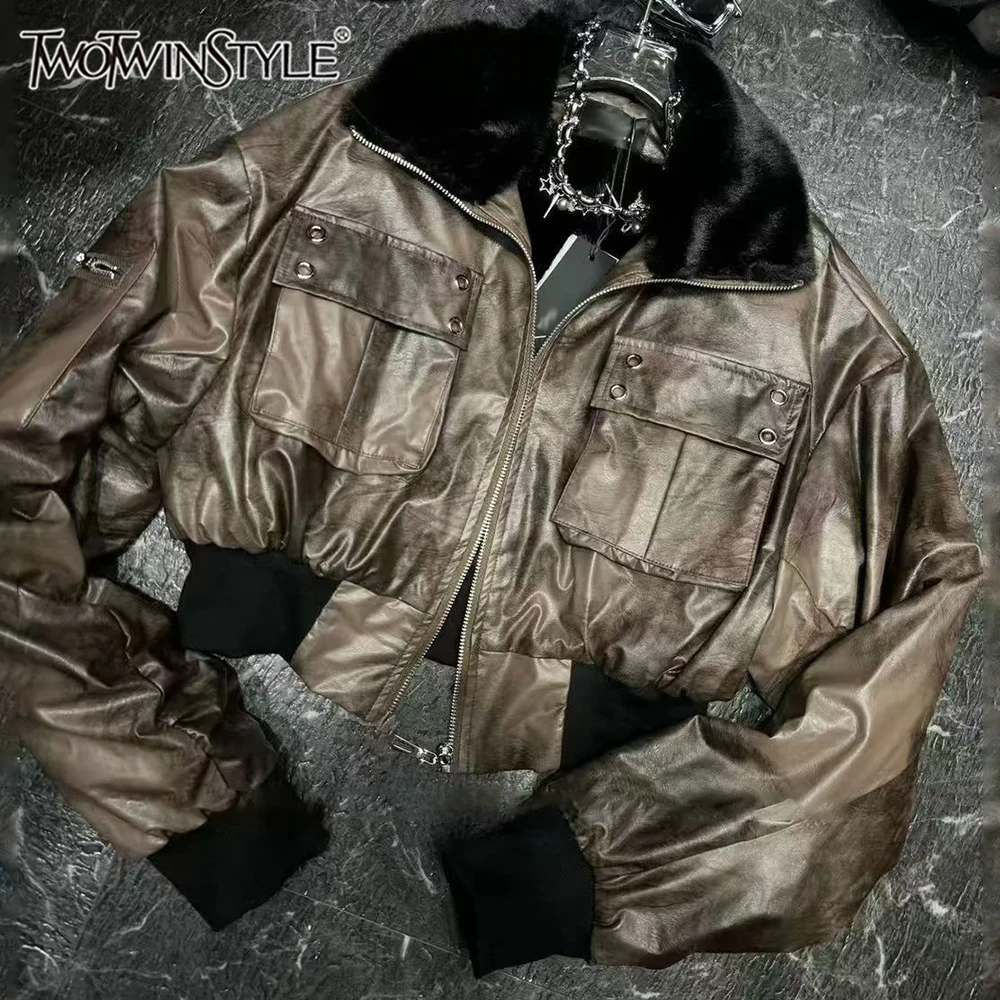 

TWOTWINSTYLE Шикарные кожаные куртки с локомотивом для женщин, повседневное дизайнерское пальто с лацканами и длинными рукавами и карманами, KJA551044