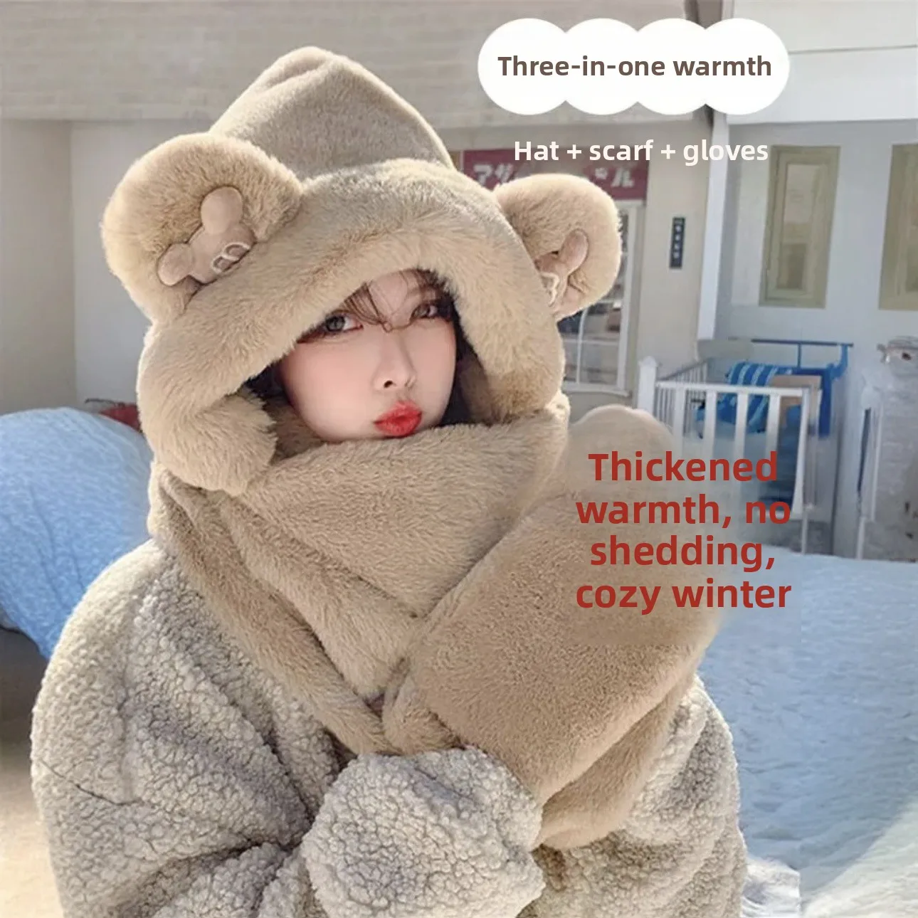 سميكة الدببة الضخمة الأذن دفئا قبعة وشاح قفازات مجموعة لطيف الحيوان نمط الخريف الشتاء الدافئة حماية قبعة ألياف البوليستر
