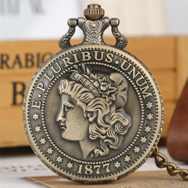 Antique Clock The United States of America 1877 Morgan Half Dollar Coins Cover Pendant Necklace Quartz Analog Pocket Watch Gift