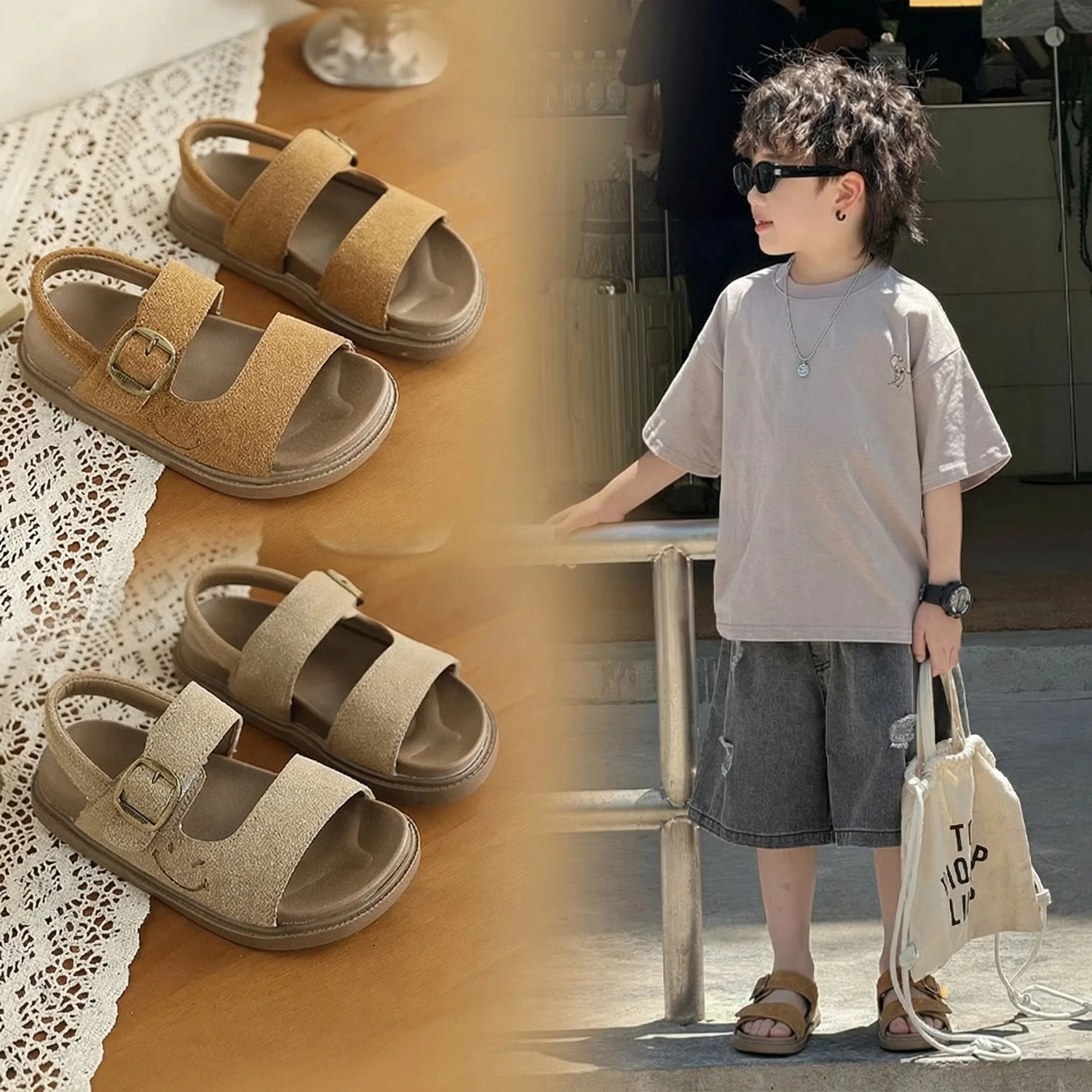 

Модные детские летние сандалии 2026: Новые простые пляжные сандалии с открытым носком для мальчиков и девочек, ретро-стиль, удобные, нескользящие, на плоской подошве