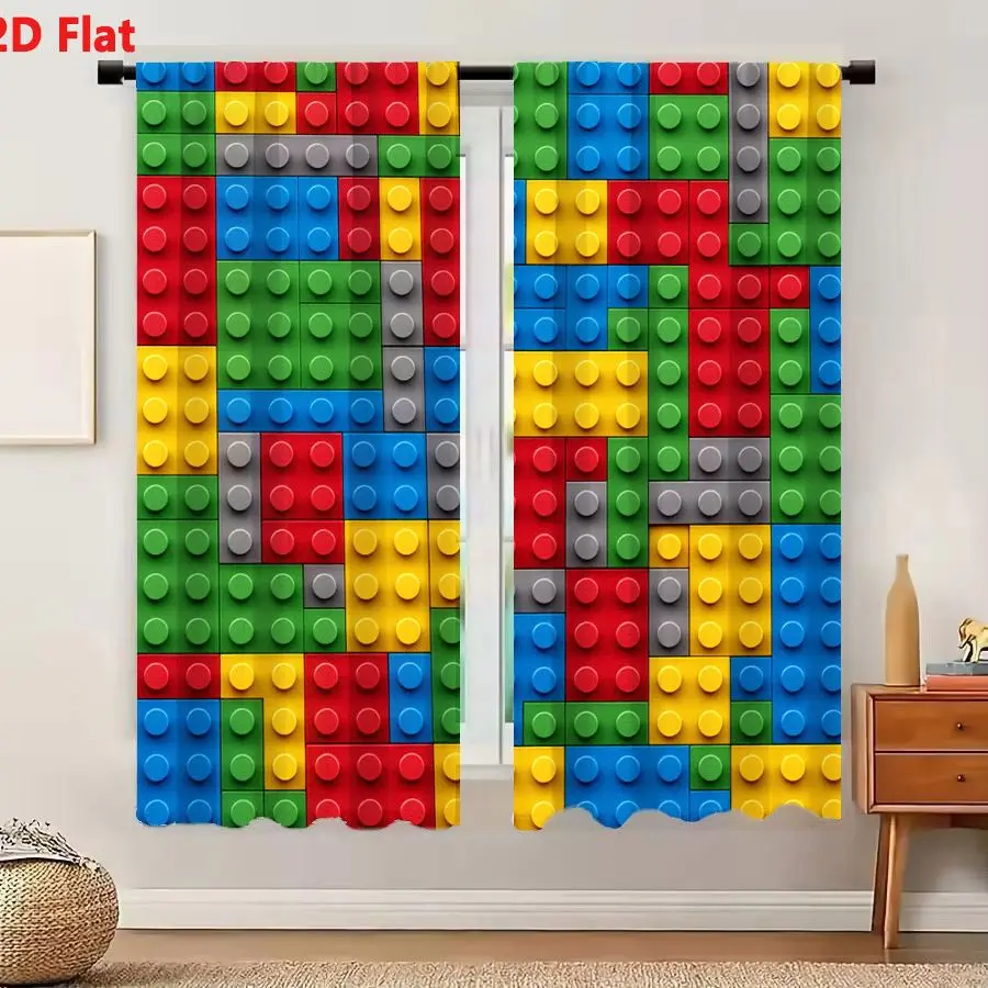 2Pcs Curtains 2D Flat Colorful Interlocking Plastic Building Blocks Mosaic Grid With Red Blue Green Yellow And Gray Studs Window
