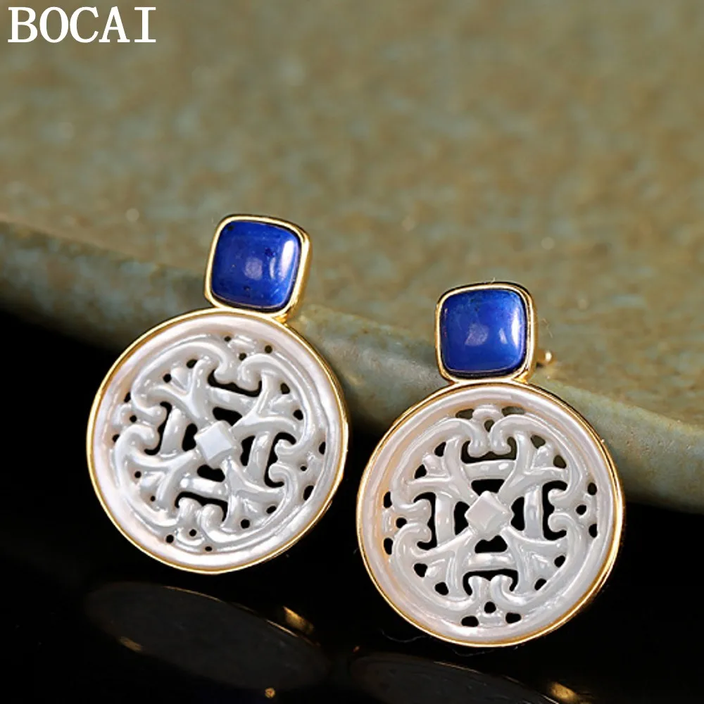 

BOCAI NEW S925 Silver Simple And Versatile Gold-plated Lapis Lazuli Southern Red Shell Earrings