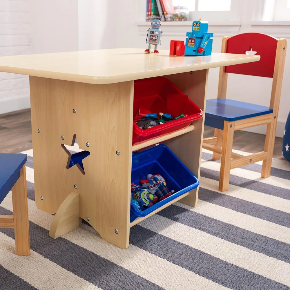 Wooden Star Table & Chair Set with 4 Storage Bins, Children's Furniture – Red, Blue & Natural