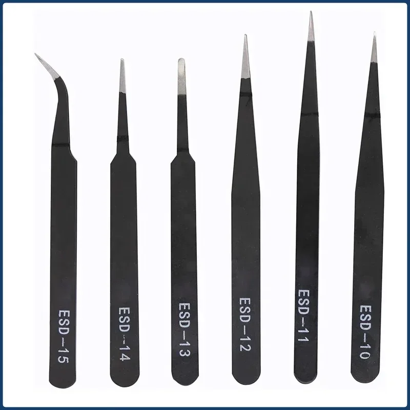 

6 шт. антистатические пинцеты из нержавеющей стали ESD, прецизионное обслуживание, промышленный ремонт, изогнутый инструмент, домашняя работа