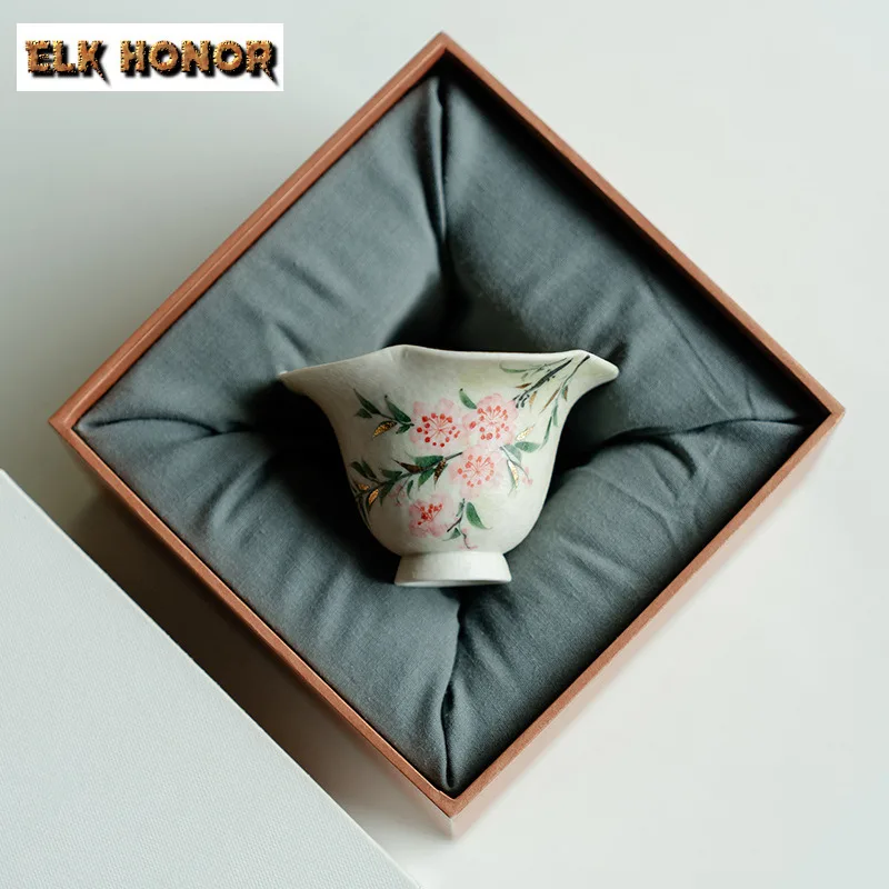 45ml Hand-painted Peach Blossom High Foot Teacup Luxury Tea Bowl Jug Tea-tasting Smelling Cup Jianzhan Master Cups Cafes Craft