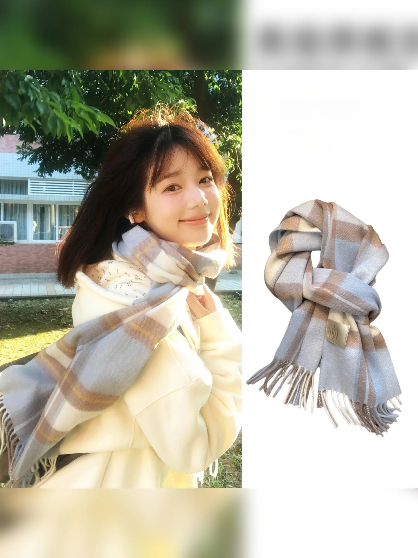 暖かい格子柄スカーフ-レディース-韓国風-シーソルトミルクコーヒーカラー-優しいブルートーン-春秋-季節限定-保温-ユニセックス