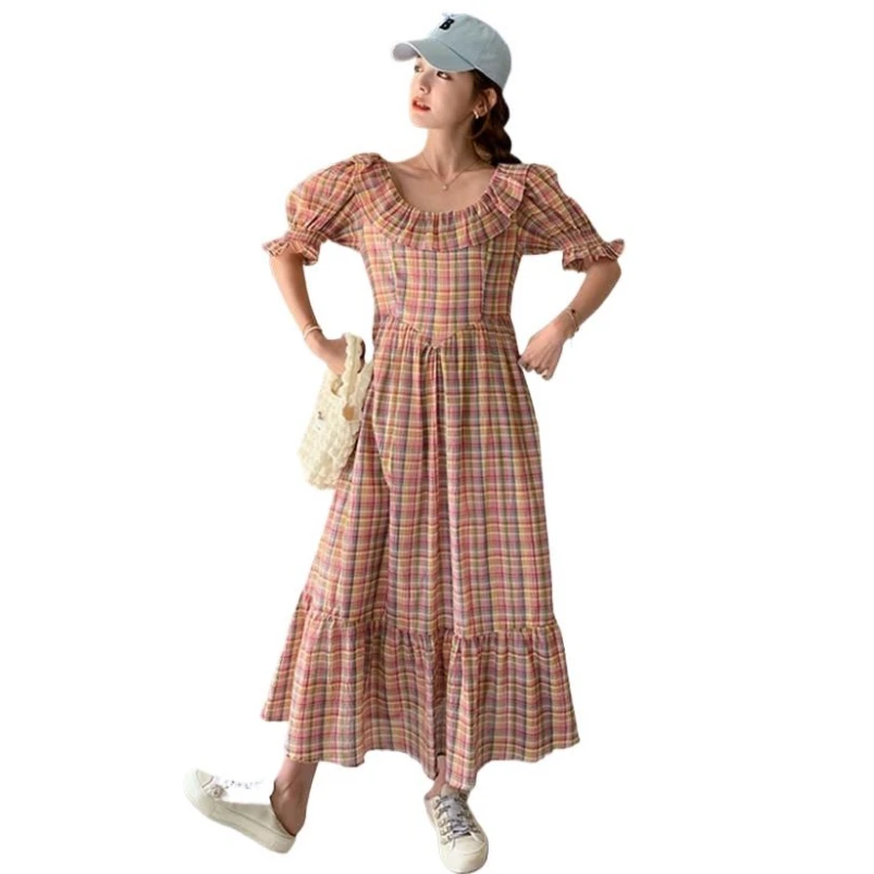 

Summer Cotton New Girlish Sweet Lotus Collar Plaid Long Dress Puff Sleeves High Waist Elegant Vintage Princess A-Line Vestidos