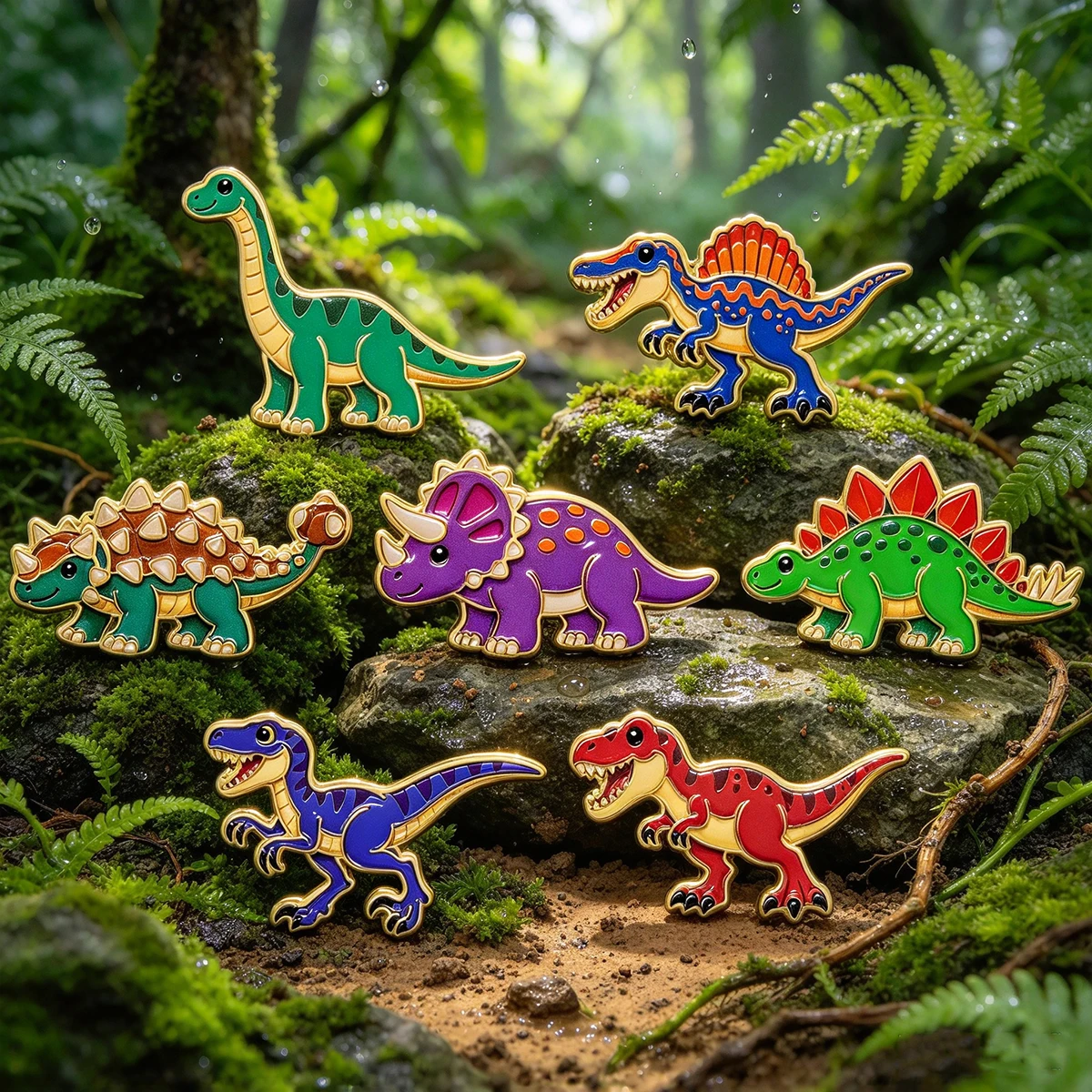7pcs/Set Cute Dinosaur Enamel Pin Colorful Triceratops Spinosaurus Brooch Lapel For Backpack Hat Badges Jewelry Friends Gifts
