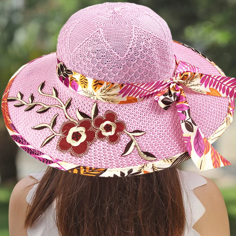 

1PC Elegant Summer Sun Hat Wide Brim Outdoor Flower Embroidery Cotton Yarn Breathable Vintage