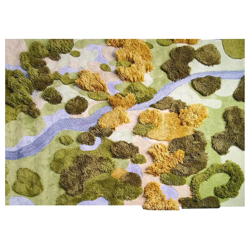 Handmade wool carpet green moss small forest lake art installation floor mat household children's room shopping mall