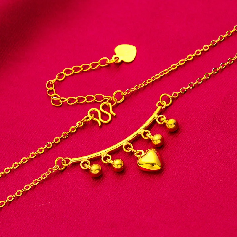 

24K Gold Heart Women's Necklace, AU999 Pure - Trendy Double Heart Style, Texture + Refraction, Neck Luxury Romantic Accent