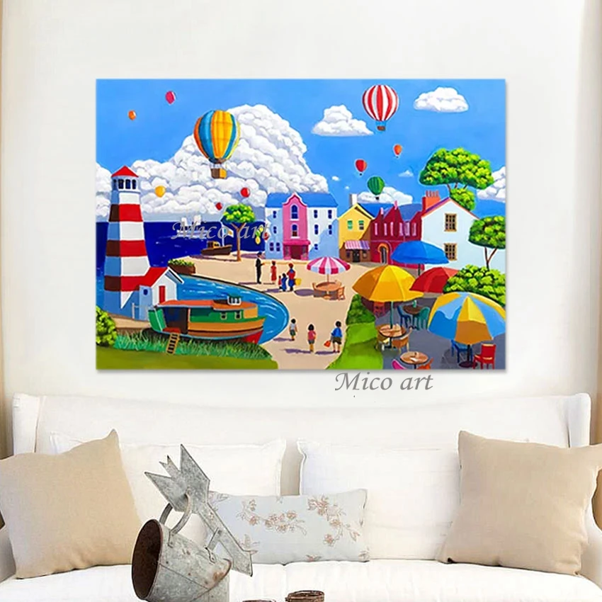 

Colorful Acrylic Design Abstract Frameless 3D Figure Landscape Art Paintings Canvas Wall, Hot Air Balloon Hand Drawing Picture