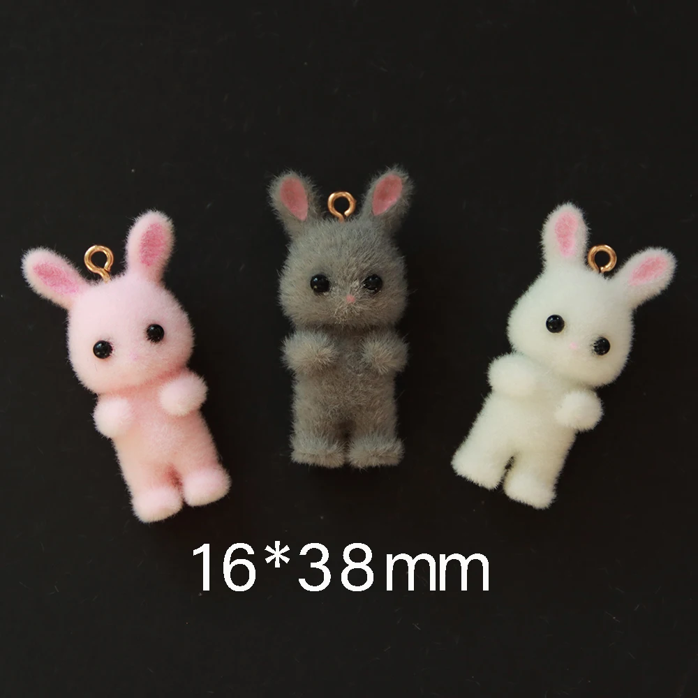 30Pcs 3D Kawaii Rabbit Charms Cute Cartoon Flocked Resin Pendant Earring Keychain Accessories For DIY Crafts Jewelry Make